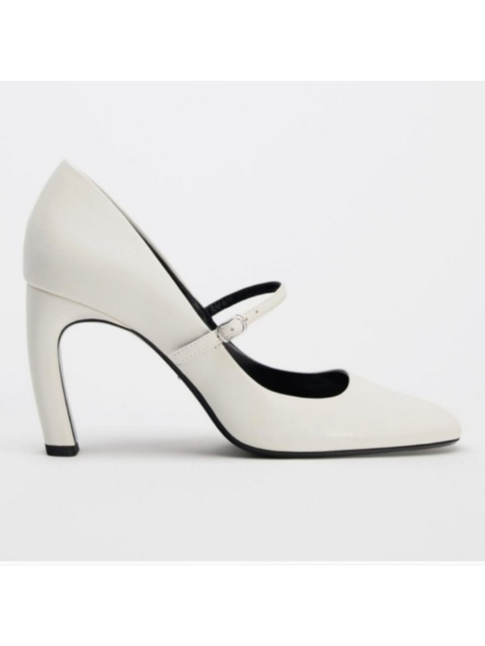 ZARA White Leather Curved Heel Mary Jane Shoes